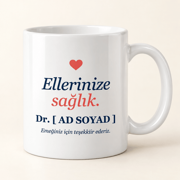 Ellerinize Sağlık Yazılı İsimli Doktor Kupası - Hediye Kutusu