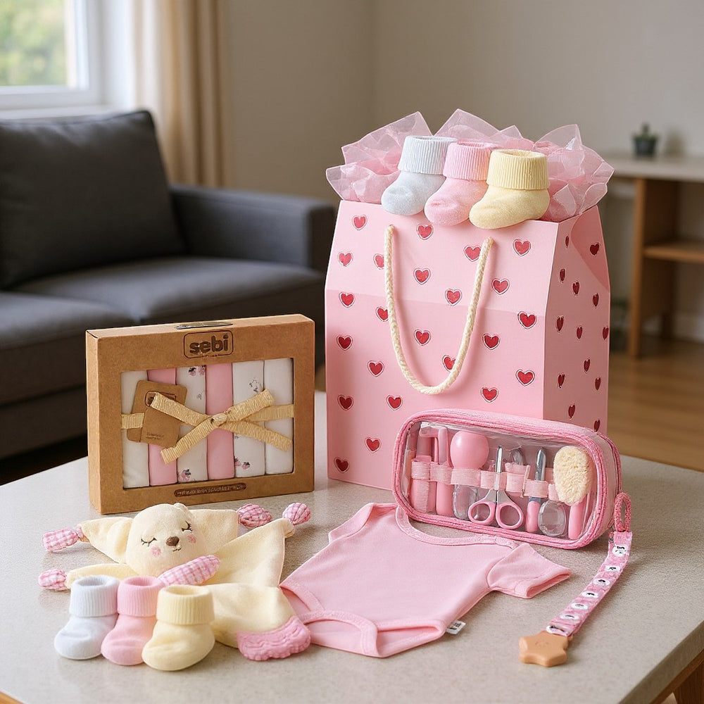 Hediye Kutusu pink heart gift bag with baby socks, bodysuit, washcloths, and grooming kit.