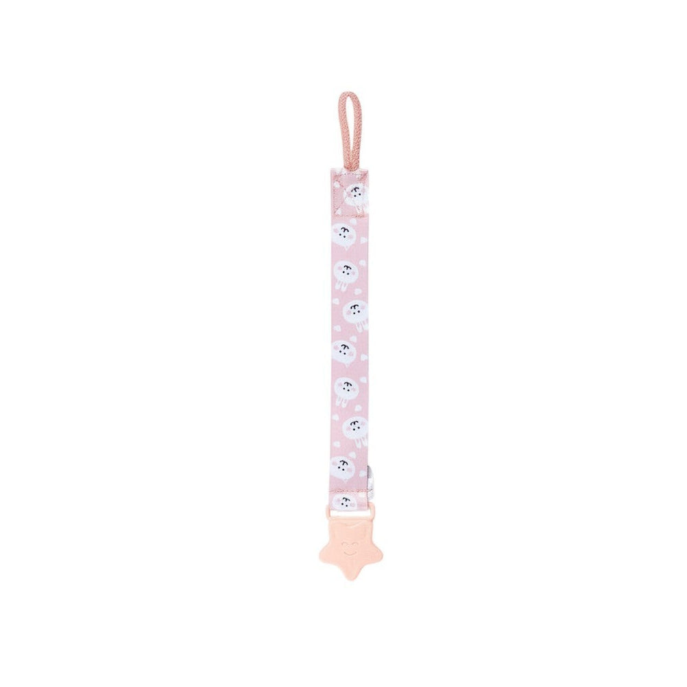 Hediye Kutusu pink pacifier clip with white bunny pattern and star-shaped teether