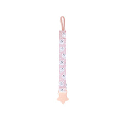Hediye Kutusu pink pacifier clip with white bunny pattern and star-shaped teether