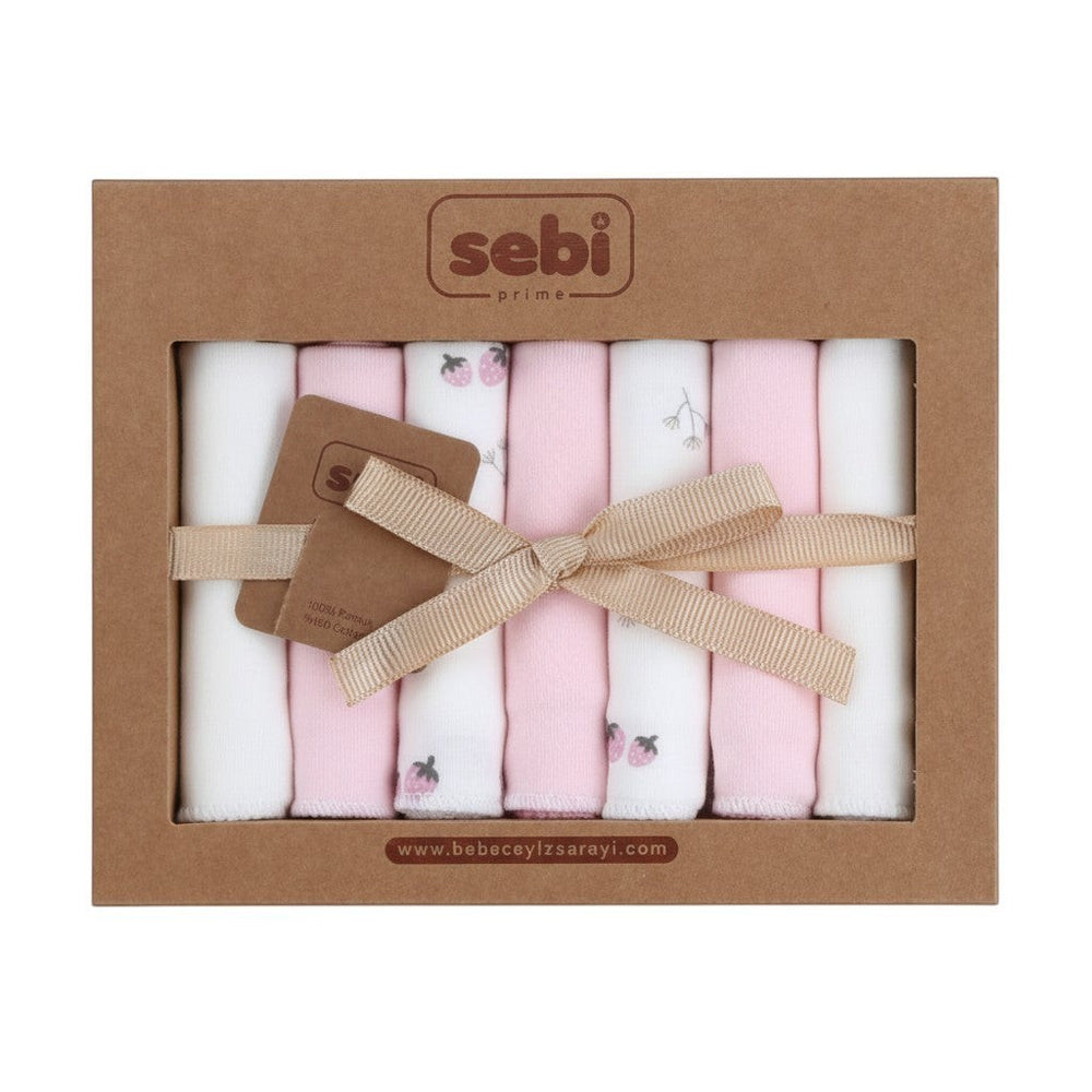Hediye Kutusu pink and white 100% cotton baby socks set with strawberry and floral prints, tied with a ribbon.
