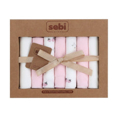 Hediye Kutusu pink and white 100% cotton baby socks set with strawberry and floral prints, tied with a ribbon.