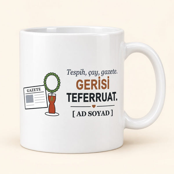 Tespih, Çay, Gazete - İsimli Dede Kupası - Hediye Kutusu