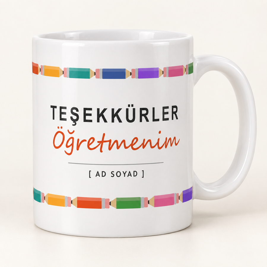 Renkli kalemler desenli isimli Öğretmenler Günü kupası