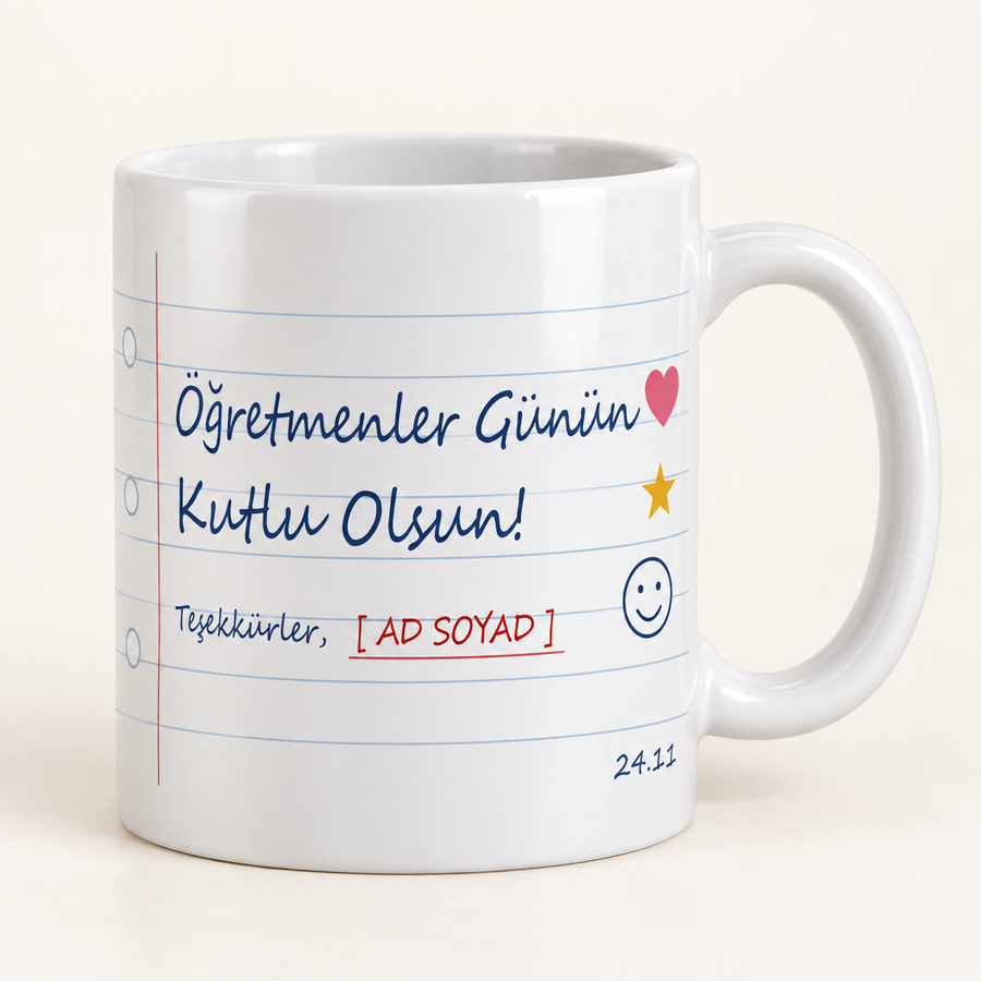 Defter sayfası desenli isimli Öğretmenler Günü kupası