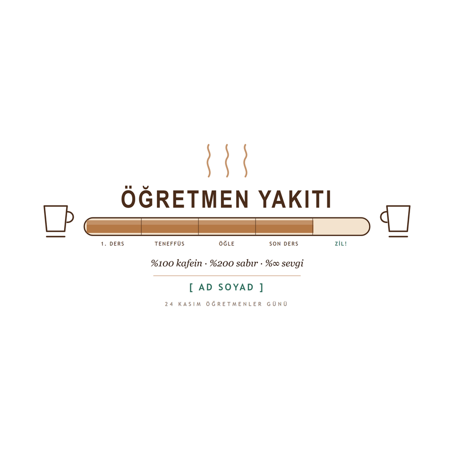Öğretmen yakıtı kupa tasarımının düz görünümü ve isim alanı