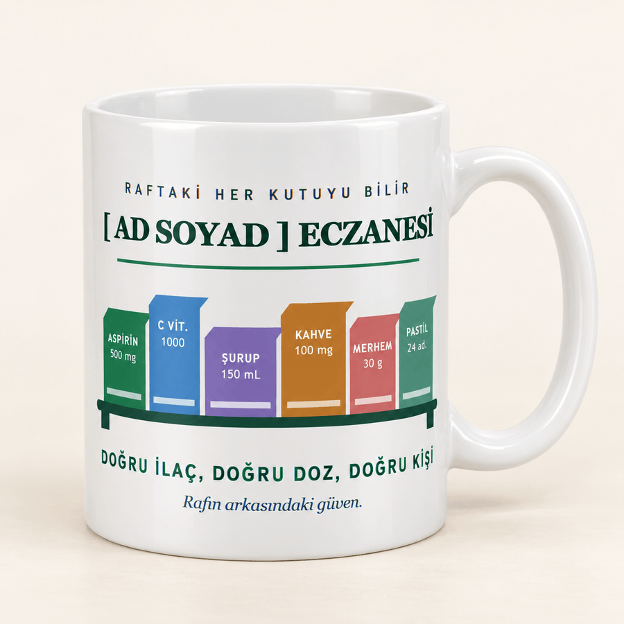 Eczane Rafı Tasarımlı Eczane Adına Özel Kupa - Hediye Kutusu