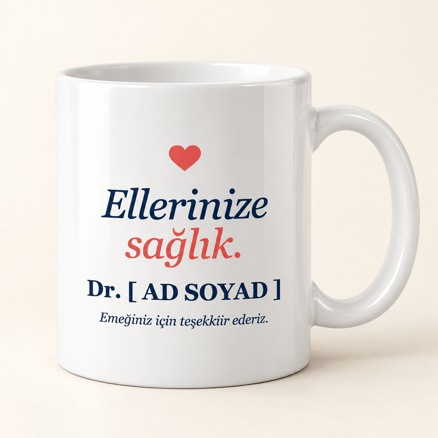 Ellerinize Sağlık Yazılı İsimli Doktor Kupası - Hediye Kutusu