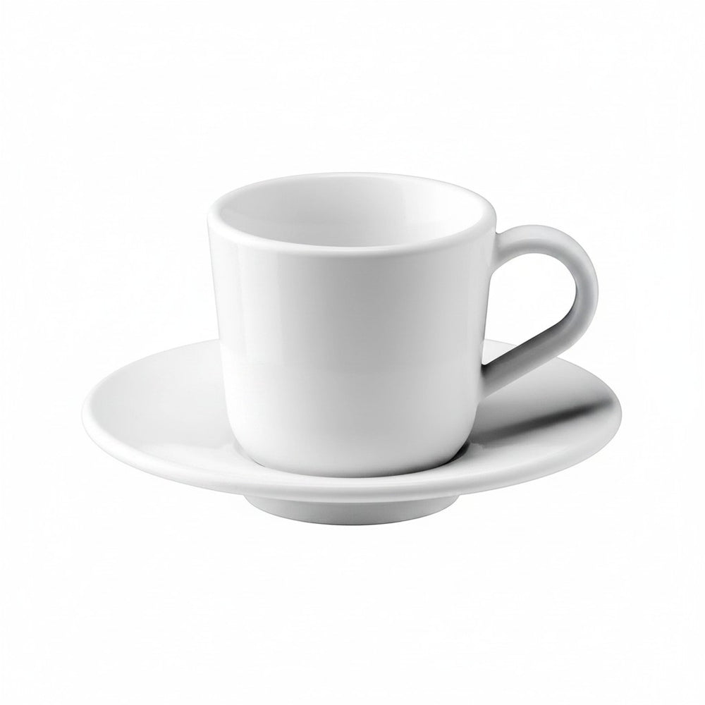 Hediye Kutusu beyaz porselen Türk kahvesi fincanı ve tabağı, 6 cl kapasiteli, minimalist tasarım.
