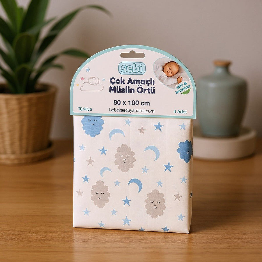 Mavi Bulut Desenli Müslin Örtü - Hediye Kutusu