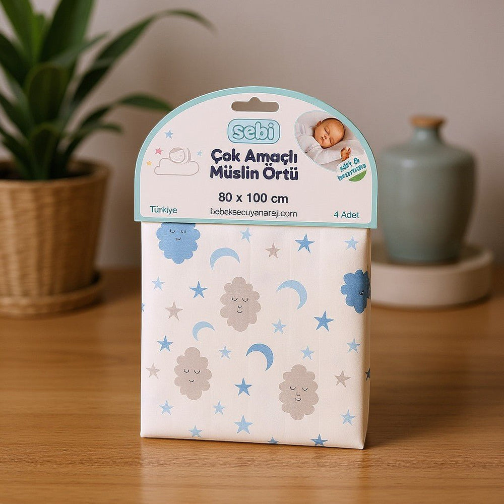 Mavi Bulut Desenli Müslin Örtü - Hediye Kutusu