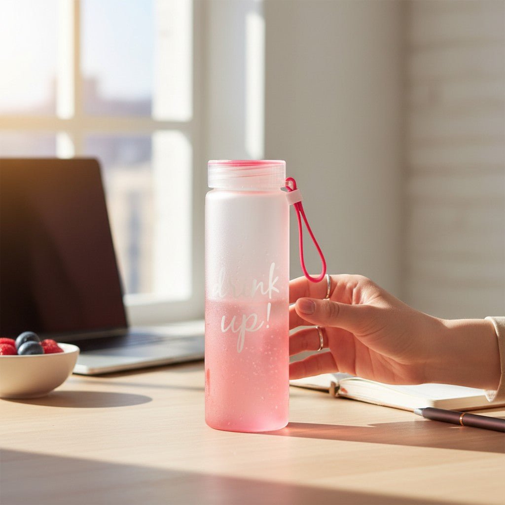 Tutamaçlı Buzlu Cam Matara 480ml Pembe - Hediye Kutusu