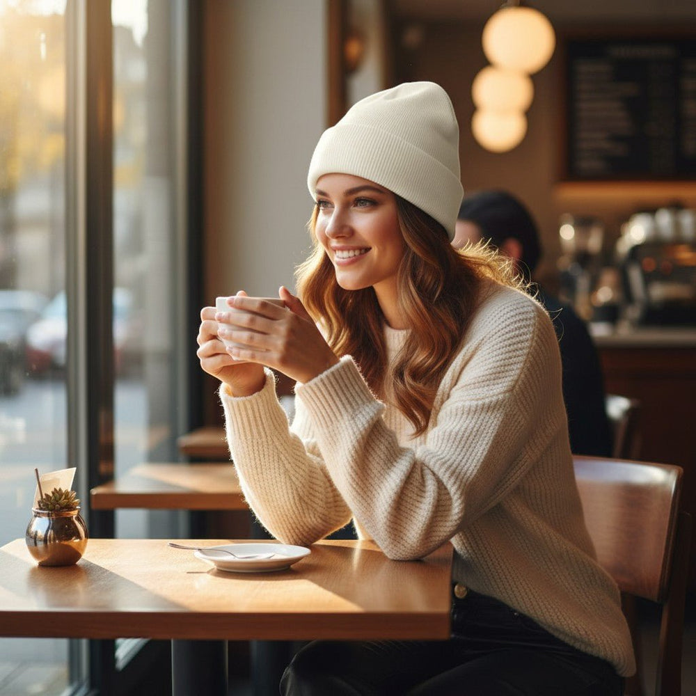 Unisex Krem Renk Basic Katlamalı Bere - Hediye Kutusu